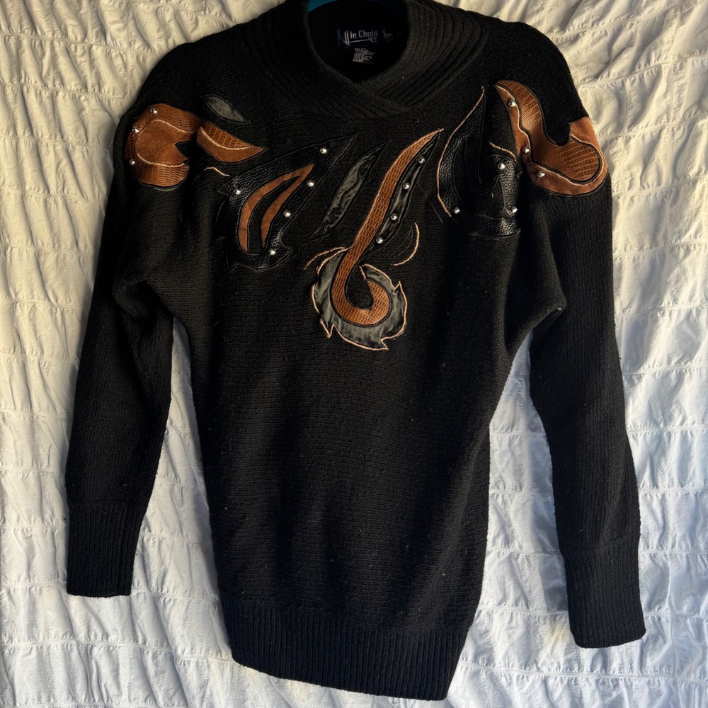Vintage Le Chois Sweater S Black Silk Angora Leather Applique Studded 80s 90s
